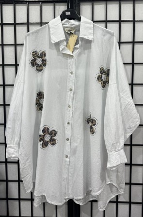 Italian Cotton Shirt With Leopard Print Sequin Flowers With Studs
