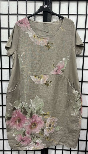 Italian Floral Linen Dress Ribbed Sleeves & Sides