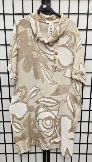 Printed Short Sleeve Linen Dress With Button Detail An Pockets