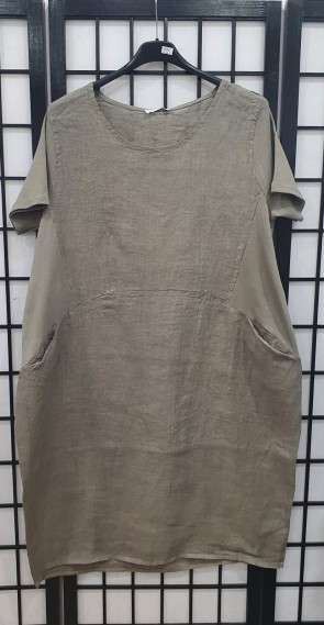 Italian Plain Ribbed Sleeves & Sides Linen Dress 