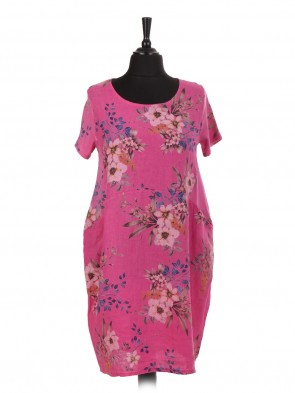 Floral Linen Dress Ribbed Sleeve & Sides